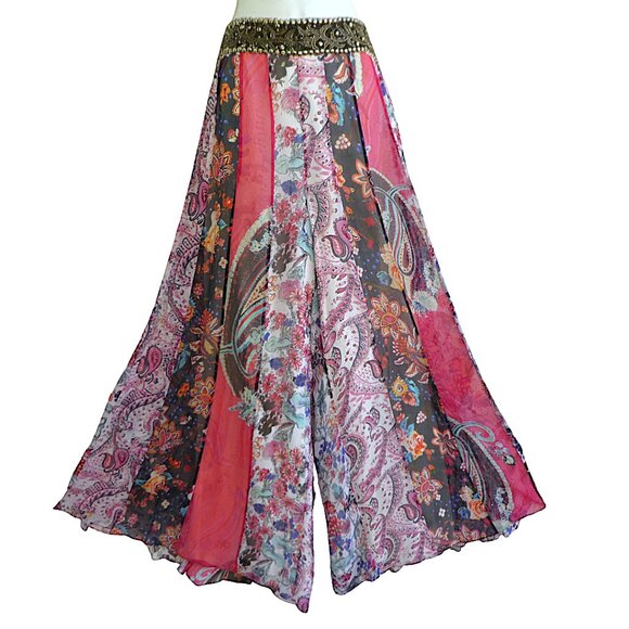 SiLK Haute Hippie Wide Leg Pants Heavy Beaded Waist Side Zip Patchwork Lined 8 - Picture 9 of 13